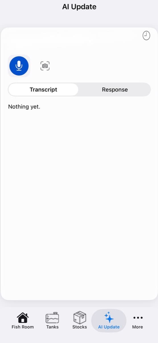 FPBreeder AI Update screen with microphone, camera and transcript controls