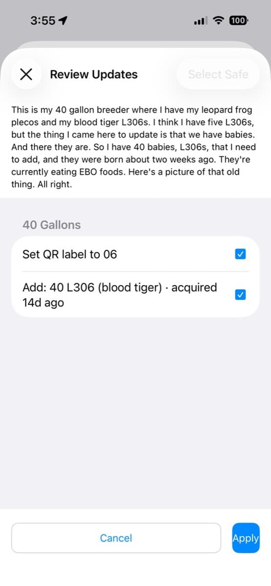 Review Updates screen with individually selected QR label and livestock addition actions, plus Cancel and Apply controls